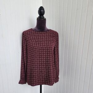 Loft Ann Taylor Burgundy Long Sleeve Red Patterned Keyhole Long Sleeve Blouse S